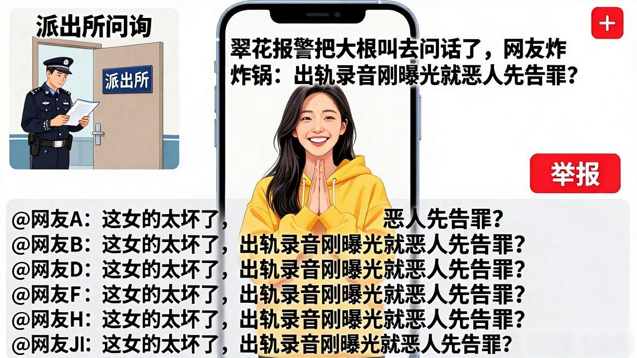 翠花报警把大根叫去问话了，网友炸锅：出轨录音刚曝光就恶人先告罪？小妞儿直播报平安说人没事